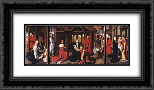 Adoration of the Magi: Whole Triptych 24x14 Black Ornate Wood Framed Art Print Poster with Double Matting by Memling, Hans