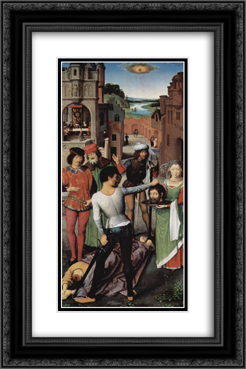 Triptych of the Mystical Marriage of St. Catherine of Alexandria, The founder Jacob de Kueninc and Anthony Seghers 16x24 Black Ornate Wood Framed Art Print Poster with Double Matting by Memling, Hans