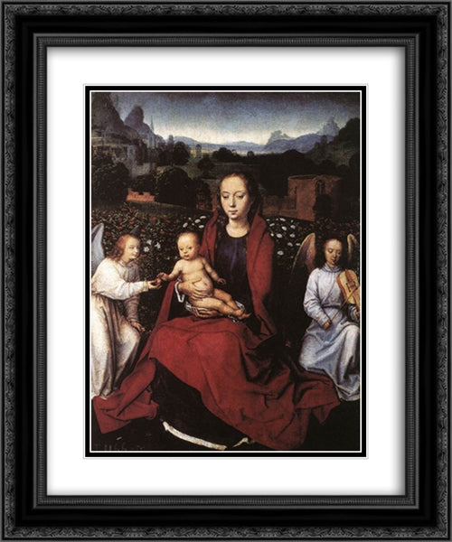 Virgin and Child in a Rose Garden with Two Angels 20x24 Black Ornate Wood Framed Art Print Poster with Double Matting by Memling, Hans