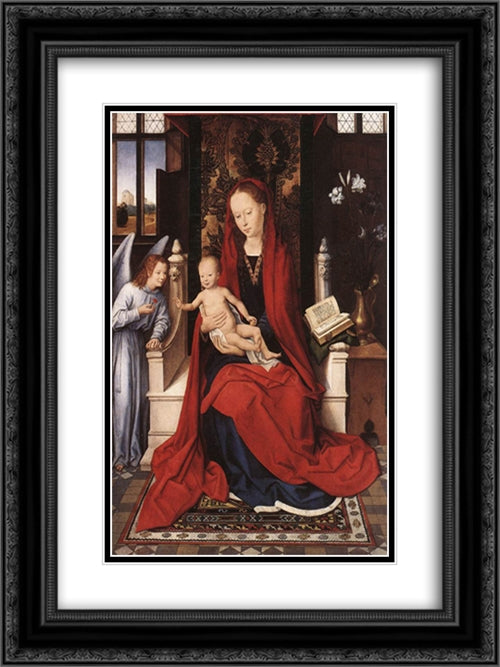 Virgin Enthroned with Child and Angel 18x24 Black Ornate Wood Framed Art Print Poster with Double Matting by Memling, Hans