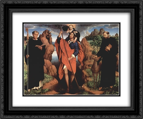 The triptych of Willem Moreel, middle panel Saint Christopher with Saint Maurus of Glanfeuil and Saint Giles 24x20 Black Ornate Wood Framed Art Print Poster with Double Matting by Memling, Hans