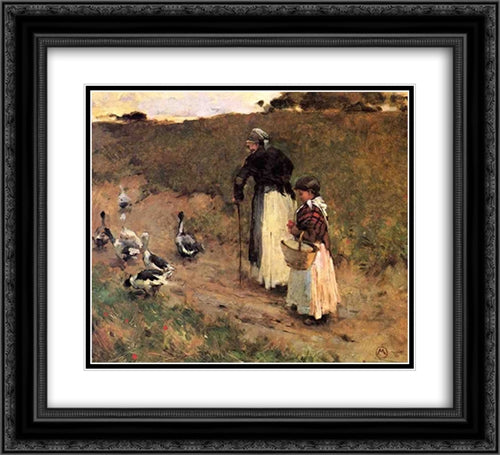Old Woman with Child and Goose 22x20 Black Ornate Wood Framed Art Print Poster with Double Matting by Metcalf, Willard
