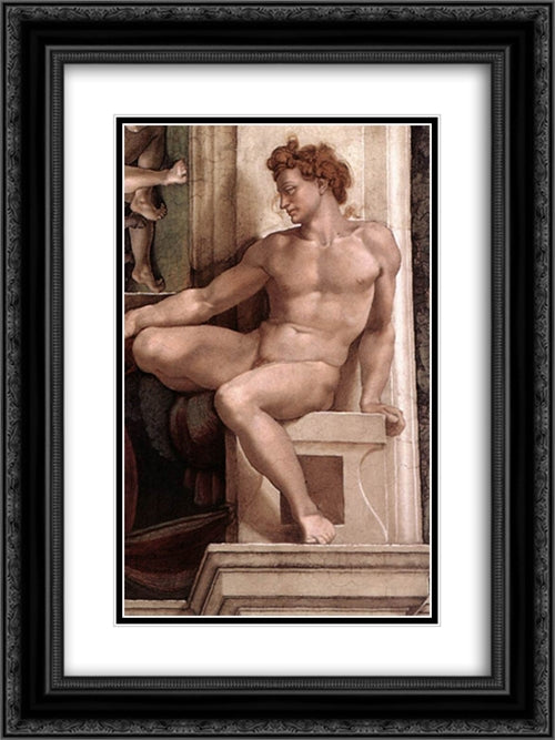 Ignudo 18x24 Black Ornate Wood Framed Art Print Poster with Double Matting by Michelangelo