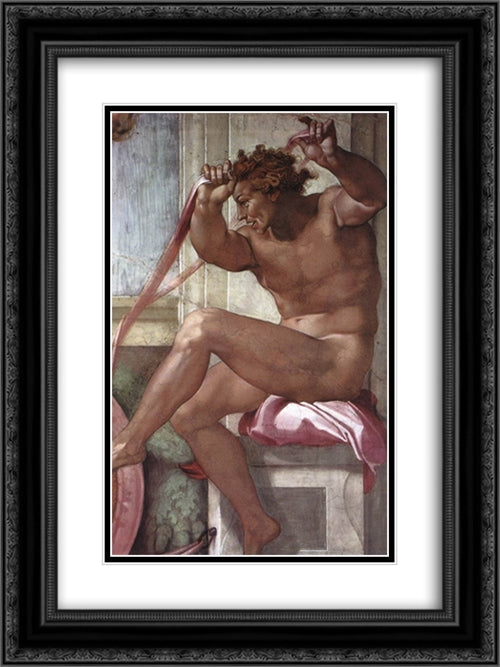 Ignudo 18x24 Black Ornate Wood Framed Art Print Poster with Double Matting by Michelangelo