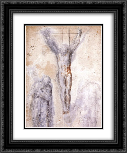 Study of 'Christ on the Cross between the Virgin and St. John the Evangelist' 20x24 Black Ornate Wood Framed Art Print Poster with Double Matting by Michelangelo