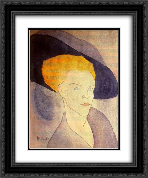 Head of a Woman with a Hat 20x24 Black Ornate Wood Framed Art Print Poster with Double Matting by Modigliani, Amedeo