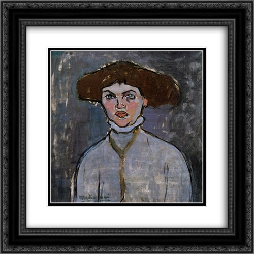 Head of a Young Woman 20x20 Black Ornate Wood Framed Art Print Poster with Double Matting by Modigliani, Amedeo