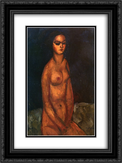 Seated nude 18x24 Black Ornate Wood Framed Art Print Poster with Double Matting by Modigliani, Amedeo