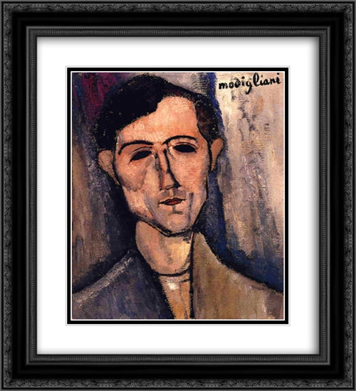 Man's Head (Portrait of a Poet) 20x22 Black Ornate Wood Framed Art Print Poster with Double Matting by Modigliani, Amedeo