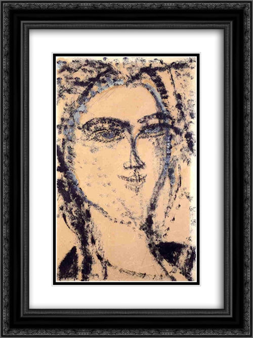 Woman's Head 18x24 Black Ornate Wood Framed Art Print Poster with Double Matting by Modigliani, Amedeo