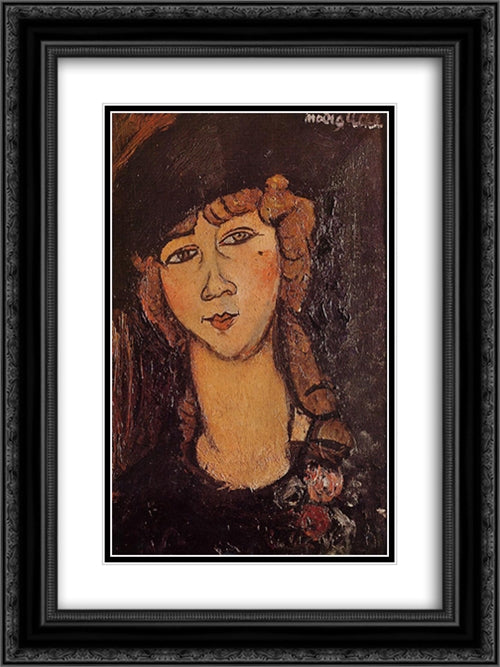 Lolotte (Head of a Woman in a Hat) 18x24 Black Ornate Wood Framed Art Print Poster with Double Matting by Modigliani, Amedeo