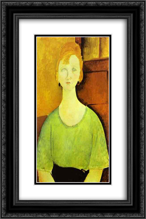 Girl in a Green Blouse 16x24 Black Ornate Wood Framed Art Print Poster with Double Matting by Modigliani, Amedeo