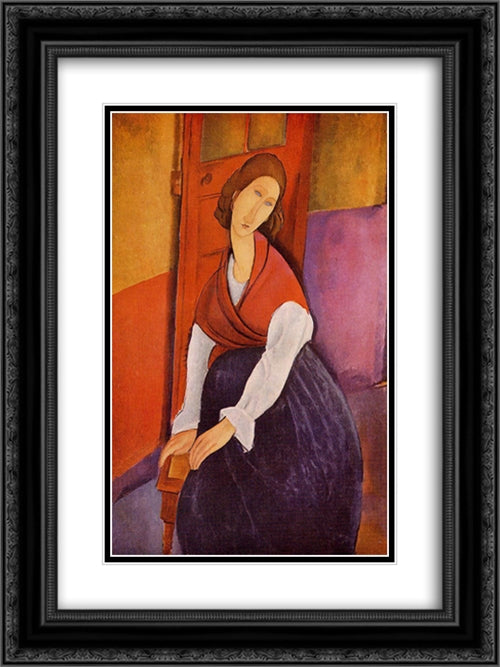 Jeanne Hebuterne in Red Shawl 18x24 Black Ornate Wood Framed Art Print Poster with Double Matting by Modigliani, Amedeo