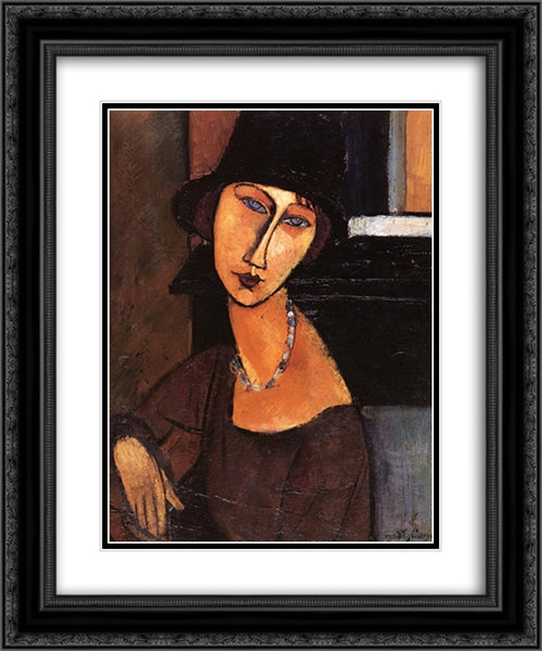 Jeanne Hebuterne with Hat and Necklace 20x24 Black Ornate Wood Framed Art Print Poster with Double Matting by Modigliani, Amedeo