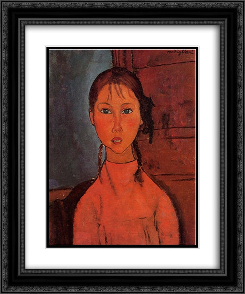 Girl with Pigtails 20x24 Black Ornate Wood Framed Art Print Poster with Double Matting by Modigliani, Amedeo