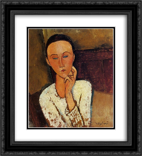 Lunia Czechowska with her left hand on her cheek 20x22 Black Ornate Wood Framed Art Print Poster with Double Matting by Modigliani, Amedeo