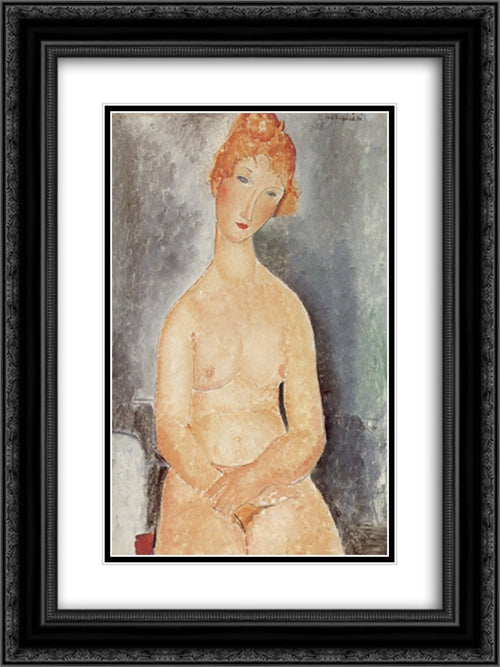 Seated nude 18x24 Black Ornate Wood Framed Art Print Poster with Double Matting by Modigliani, Amedeo