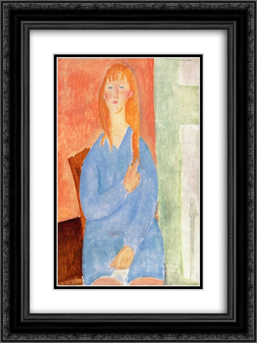 Girl in Blue 18x24 Black Ornate Wood Framed Art Print Poster with Double Matting by Modigliani, Amedeo