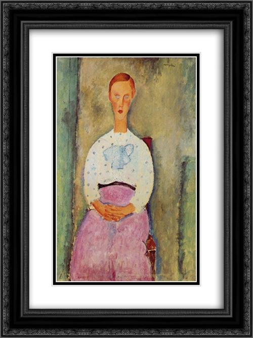 Girl with a polka-dot blouse 18x24 Black Ornate Wood Framed Art Print Poster with Double Matting by Modigliani, Amedeo