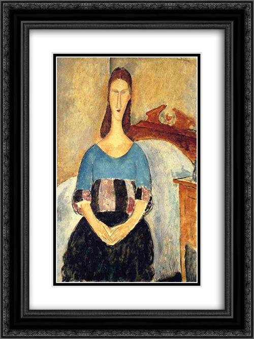 Jeanne Hebuterne 18x24 Black Ornate Wood Framed Art Print Poster with Double Matting by Modigliani, Amedeo