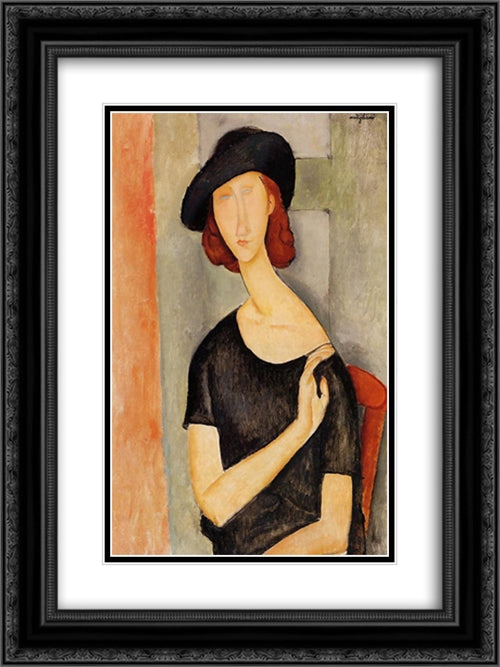 Jeanne Hebuterne in a Hat 18x24 Black Ornate Wood Framed Art Print Poster with Double Matting by Modigliani, Amedeo