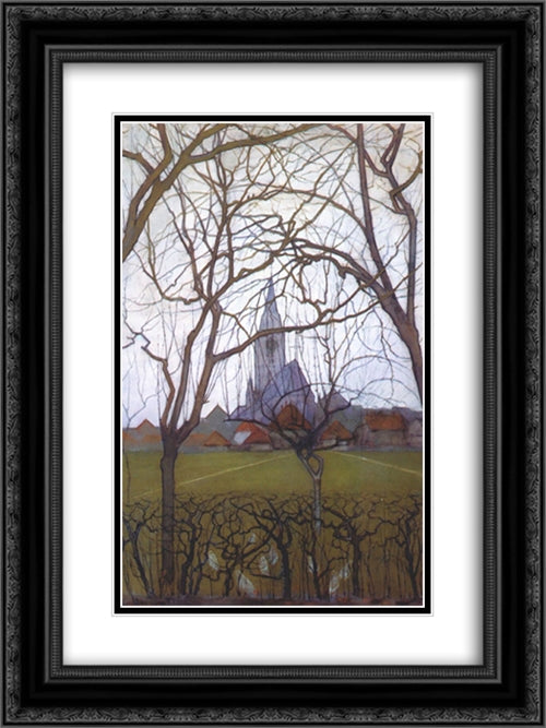Village Church 18x24 Black Ornate Wood Framed Art Print Poster with Double Matting by Mondrian, Piet