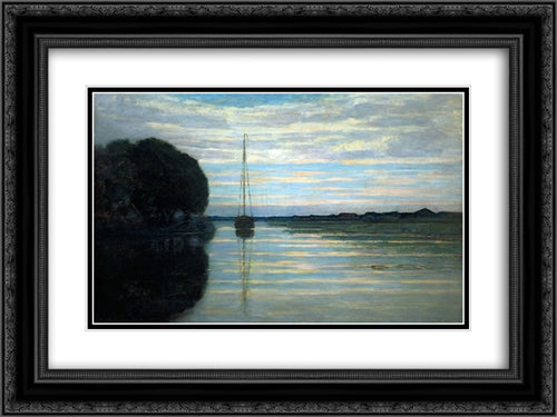 River view with a boat Sun 24x18 Black Ornate Wood Framed Art Print Poster with Double Matting by Mondrian, Piet