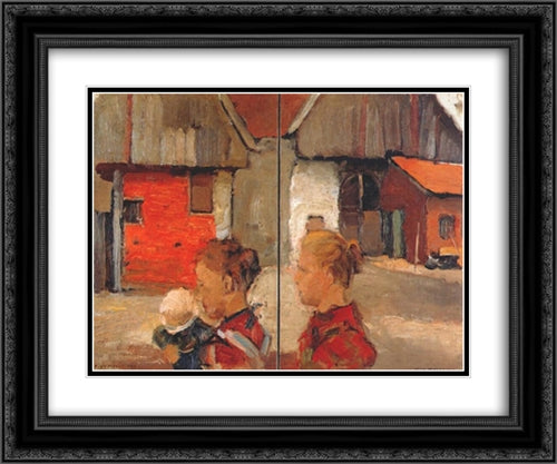 Woman and child in front of a farm 24x20 Black Ornate Wood Framed Art Print Poster with Double Matting by Mondrian, Piet