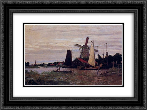Windmill at Zaandam 24x18 Black Ornate Wood Framed Art Print Poster with Double Matting by Monet, Claude