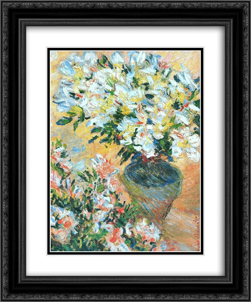 White Azaleas in a Pot 20x24 Black Ornate Wood Framed Art Print Poster with Double Matting by Monet, Claude