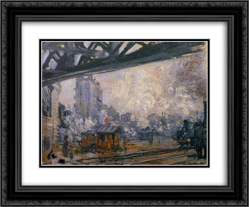 Saint-Lazare Station, Exterior View 24x20 Black Ornate Wood Framed Art Print Poster with Double Matting by Monet, Claude