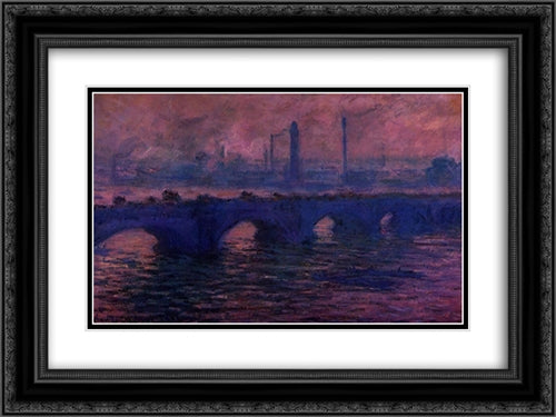 Waterloo Bridge, Overcast Weather 24x18 Black Ornate Wood Framed Art Print Poster with Double Matting by Monet, Claude