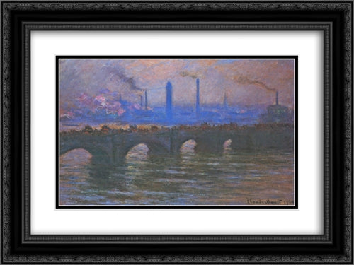 Waterloo Bridge, Overcast Weather 24x18 Black Ornate Wood Framed Art Print Poster with Double Matting by Monet, Claude