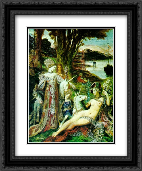 The Unicorns 20x24 Black Ornate Wood Framed Art Print Poster with Double Matting by Moreau, Gustave