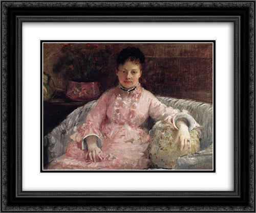 Portrait of a Woman in a pink dress 24x20 Black Ornate Wood Framed Art Print Poster with Double Matting by Morisot, Berthe