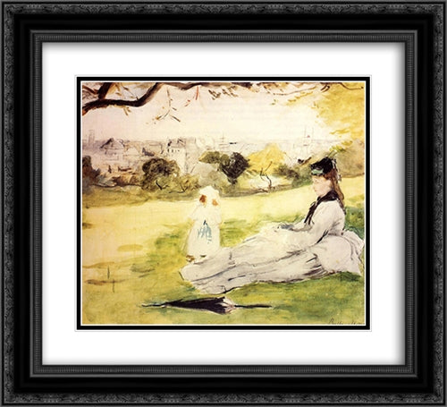 Woman and Child Seated in a Meadow 22x20 Black Ornate Wood Framed Art Print Poster with Double Matting by Morisot, Berthe