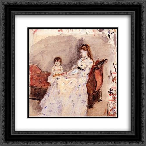 The Artist's Sister Edma with Her Daughter Jeanne 20x20 Black Ornate Wood Framed Art Print Poster with Double Matting by Morisot, Berthe