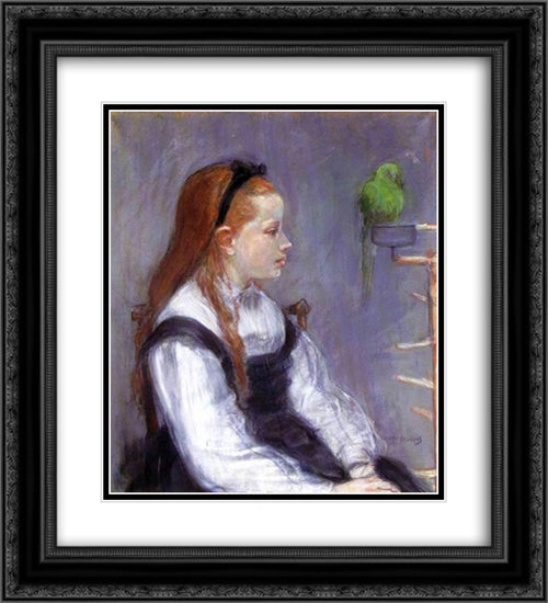 Young Girl with a Parrot 20x22 Black Ornate Wood Framed Art Print Poster with Double Matting by Morisot, Berthe