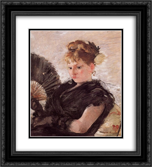 Woman with a Fan (aka Head of a Girl) 20x22 Black Ornate Wood Framed Art Print Poster with Double Matting by Morisot, Berthe