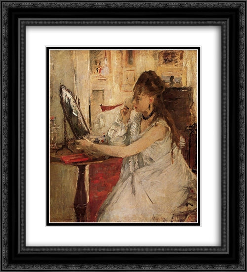 Young Woman Powdering her Face 20x22 Black Ornate Wood Framed Art Print Poster with Double Matting by Morisot, Berthe