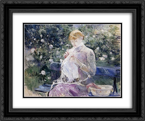 Pasie sewing in Bougival's Garden 24x20 Black Ornate Wood Framed Art Print Poster with Double Matting by Morisot, Berthe