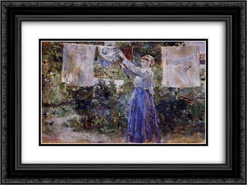 Woman Hanging out the Wash 24x18 Black Ornate Wood Framed Art Print Poster with Double Matting by Morisot, Berthe