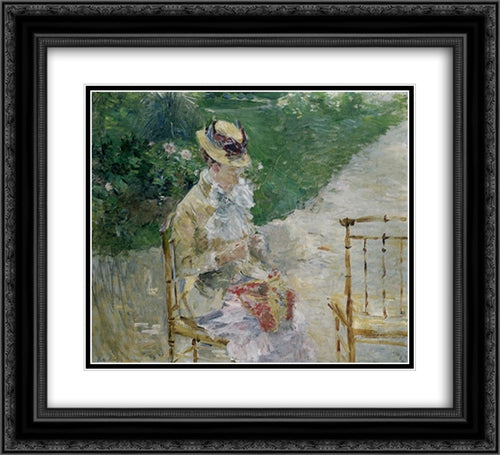 Young Woman Sewing in the Garden 22x20 Black Ornate Wood Framed Art Print Poster with Double Matting by Morisot, Berthe