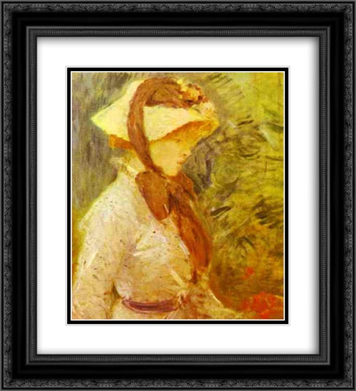 Young Woman with a Straw Hat 20x22 Black Ornate Wood Framed Art Print Poster with Double Matting by Morisot, Berthe