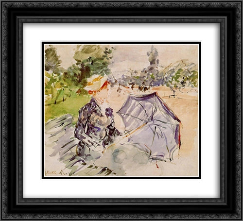 Lady with a Parasol Sitting in a Park 22x20 Black Ornate Wood Framed Art Print Poster with Double Matting by Morisot, Berthe