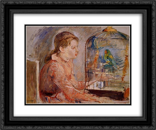 Young Girl and the Budgie 24x20 Black Ornate Wood Framed Art Print Poster with Double Matting by Morisot, Berthe