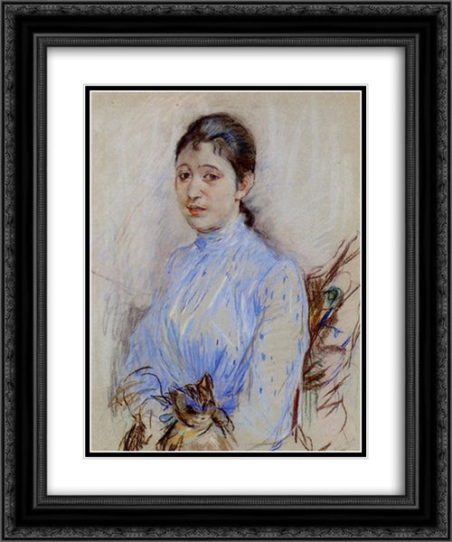 Young Woman in a Blue Blouse 20x24 Black Ornate Wood Framed Art Print Poster with Double Matting by Morisot, Berthe