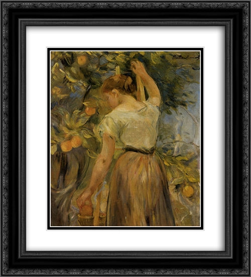 Young Woman Picking Oranges 20x22 Black Ornate Wood Framed Art Print Poster with Double Matting by Morisot, Berthe