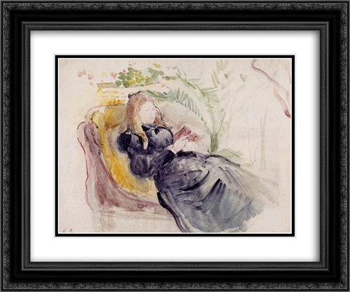 Julie Manet, Reading in a Chaise Lounge 24x20 Black Ornate Wood Framed Art Print Poster with Double Matting by Morisot, Berthe