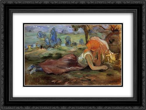 Shepherdess Resting 24x18 Black Ornate Wood Framed Art Print Poster with Double Matting by Morisot, Berthe